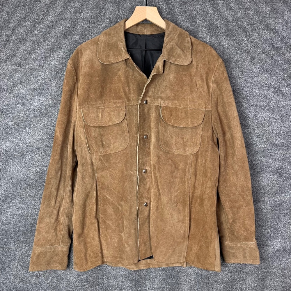 Vintage Deerskin Trading Post Brown Suede Leather Snap Front Western Jacket Lg
